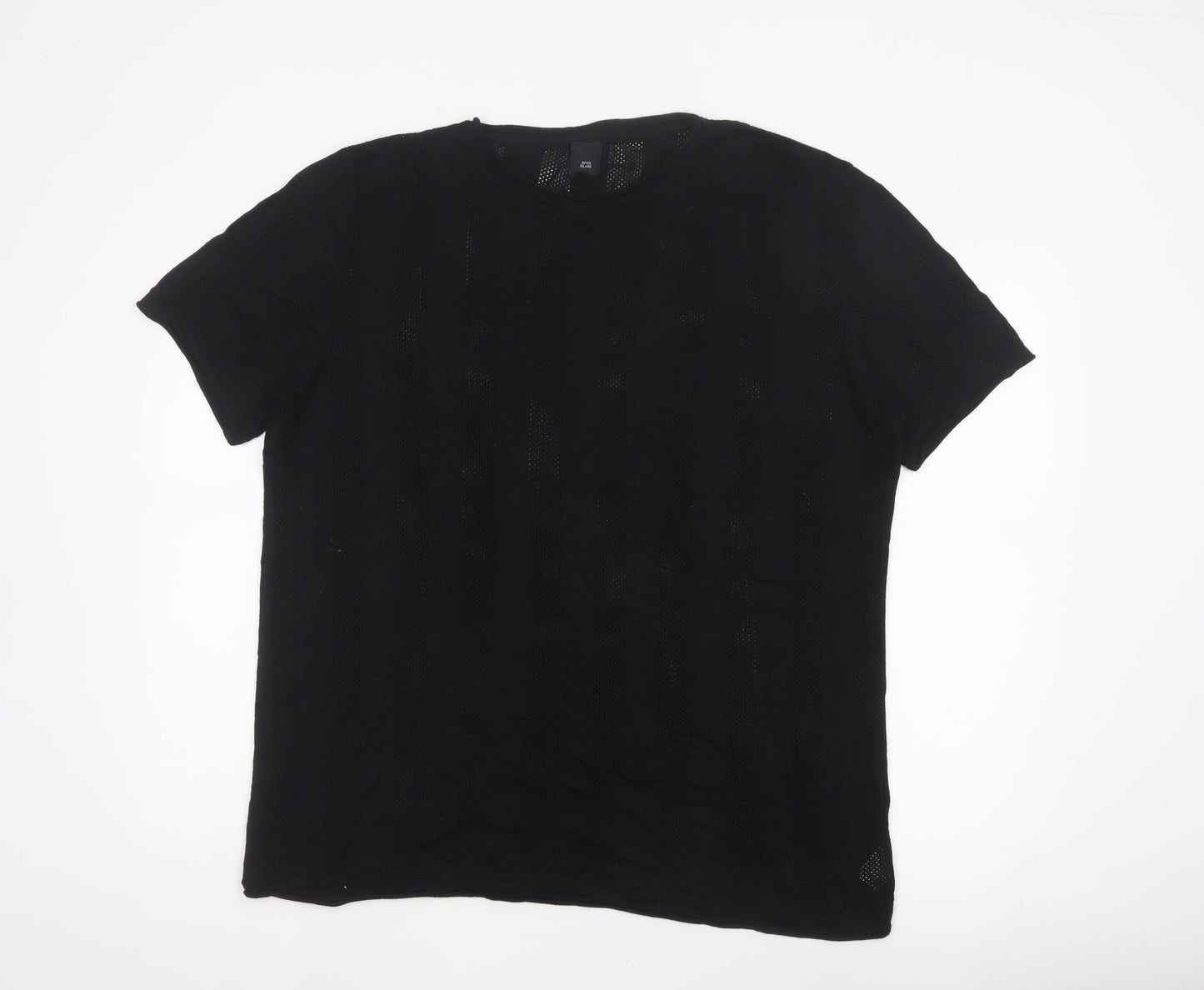 River Island Men Black 2XL Open Knit Stripe Crew Neck T-Shirt