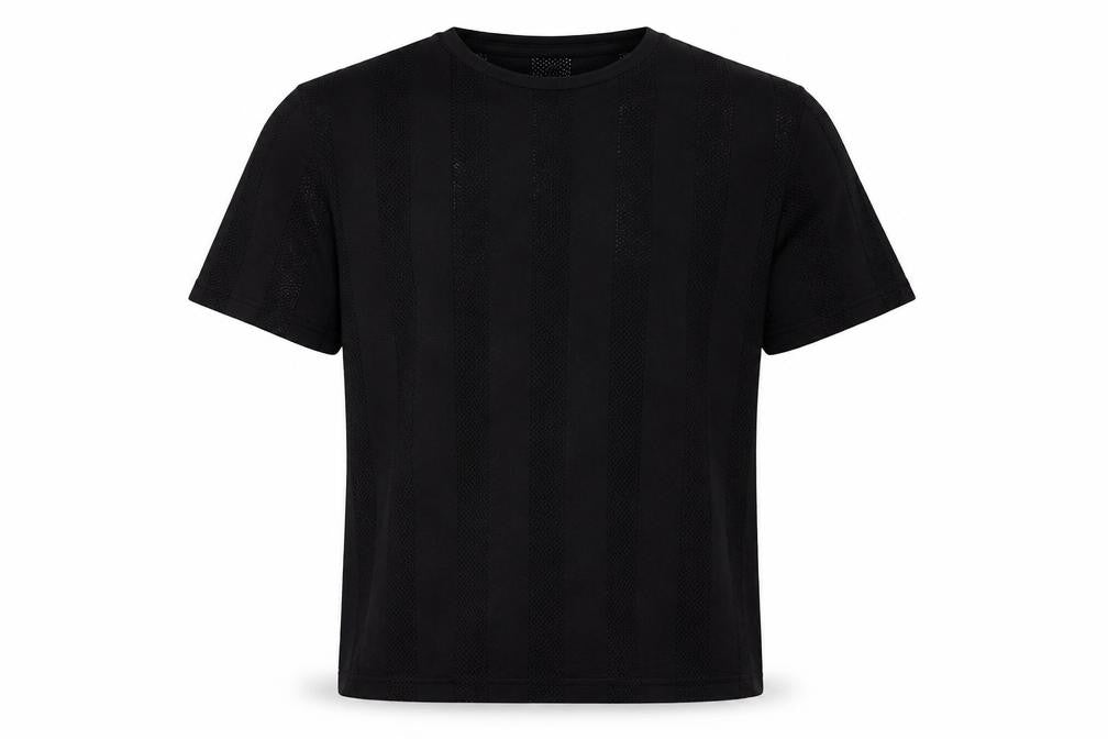 River Island Men Black 2XL Open Knit Stripe Crew Neck T-Shirt