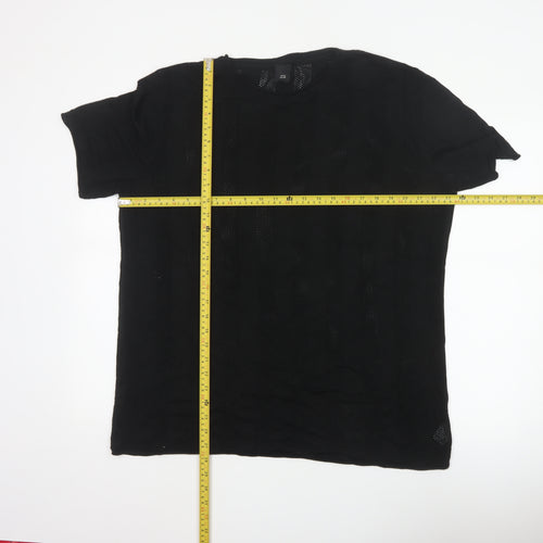 River Island Men Black 2XL Open Knit Stripe Crew Neck T-Shirt