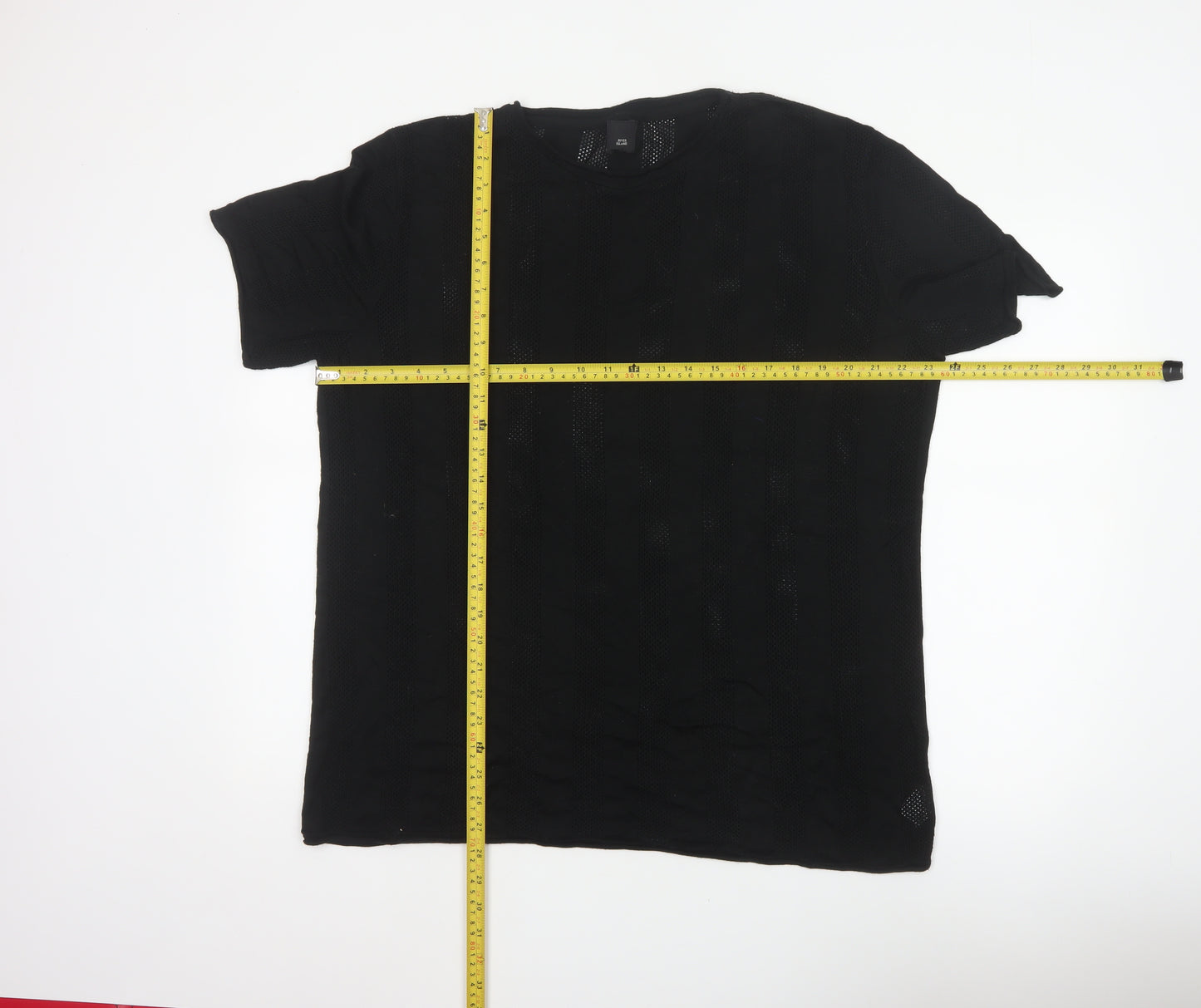 River Island Men Black 2XL Open Knit Stripe Crew Neck T-Shirt
