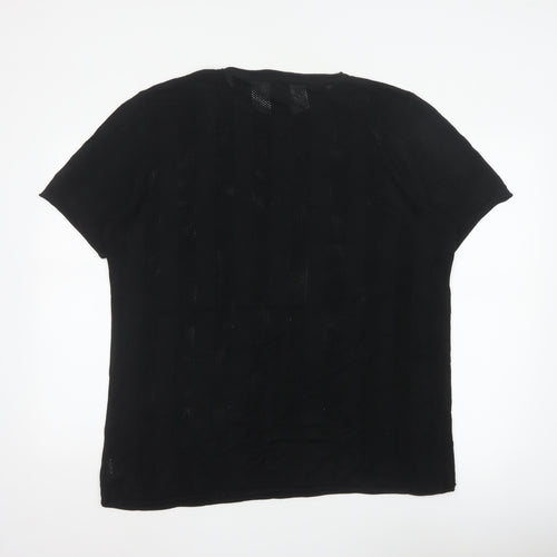 River Island Men Black 2XL Open Knit Stripe Crew Neck T-Shirt