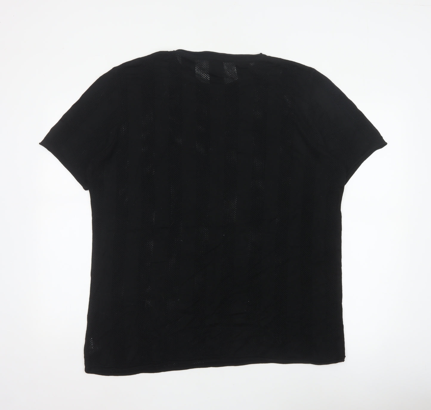 River Island Men Black 2XL Open Knit Stripe Crew Neck T-Shirt