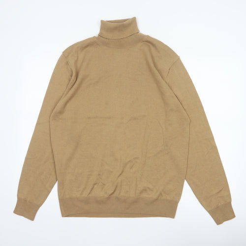 Marks and Spencer Men Beige L Merino Wool Blend Roll Neck Jumper