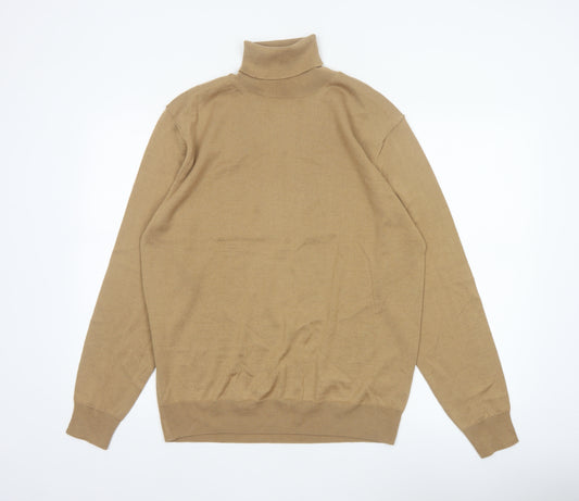 Marks and Spencer Men Beige L Merino Wool Blend Roll Neck Jumper