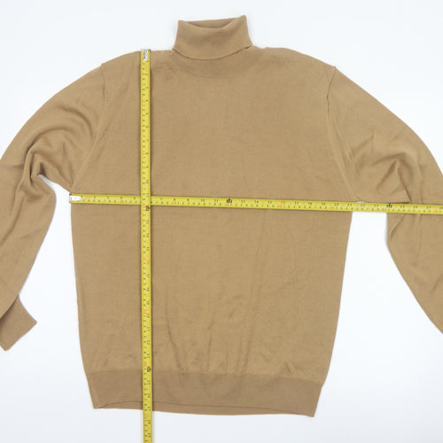 Marks and Spencer Men Beige L Merino Wool Blend Roll Neck Jumper