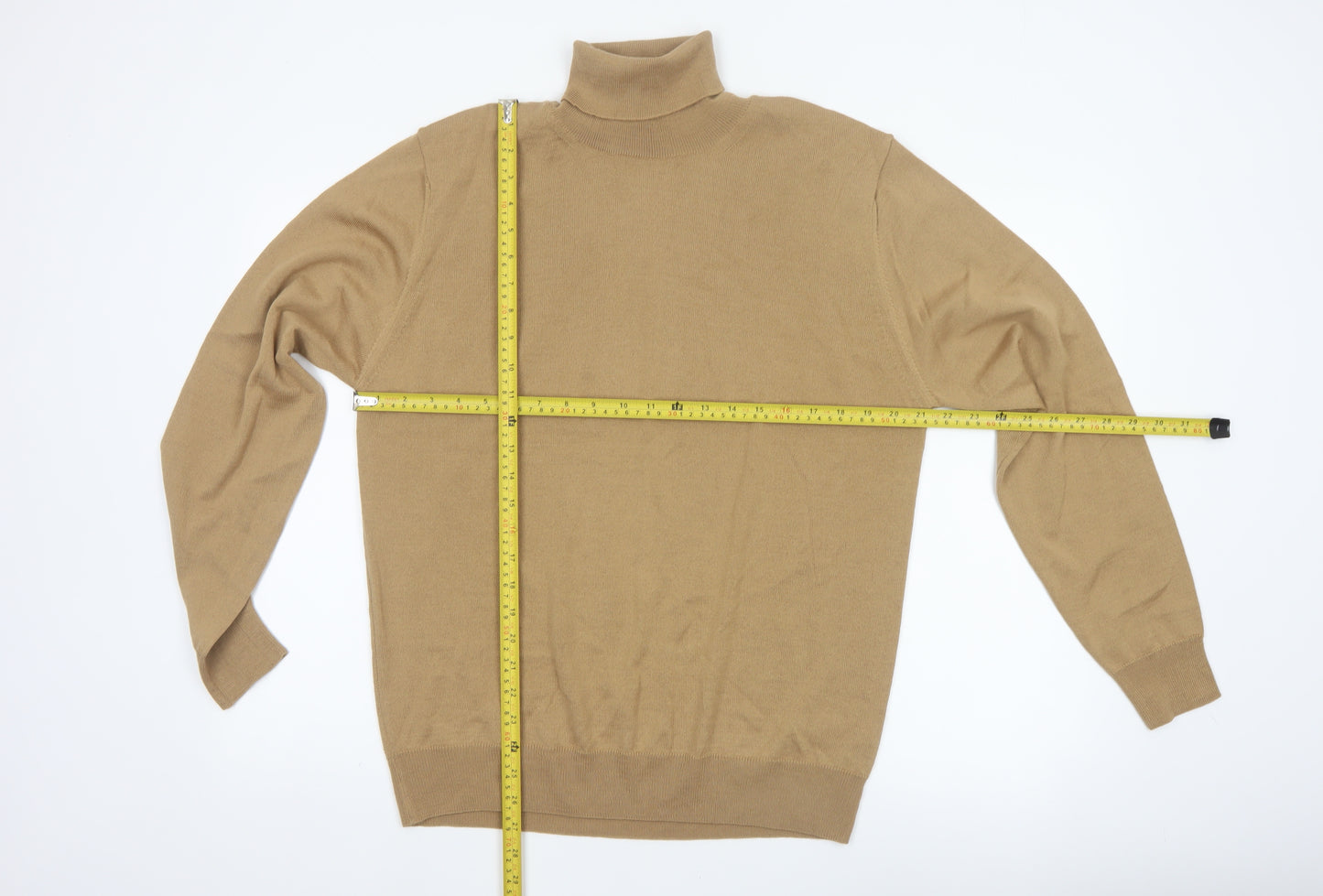 Marks and Spencer Men Beige L Merino Wool Blend Roll Neck Jumper
