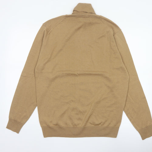 Marks and Spencer Men Beige L Merino Wool Blend Roll Neck Jumper