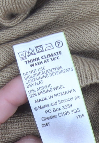 Marks and Spencer Men Beige L Merino Wool Blend Roll Neck Jumper