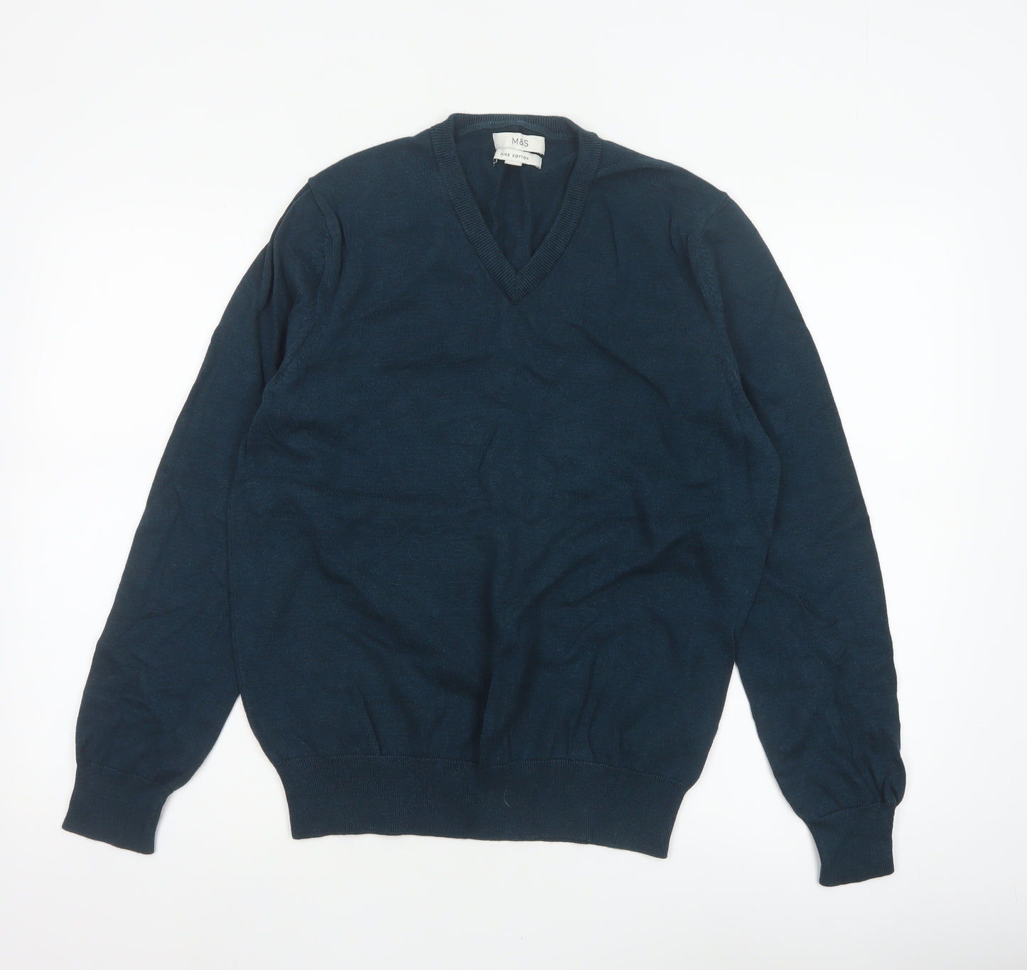 Marks and Spencer Men Blue M Pure Cotton V-Neck Knit Pullover Jumper