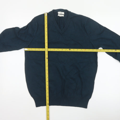 Marks and Spencer Men Blue M Pure Cotton V-Neck Knit Pullover Jumper