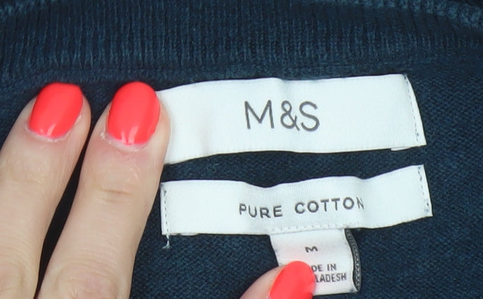 Marks and Spencer Men Blue M Pure Cotton V-Neck Knit Pullover Jumper
