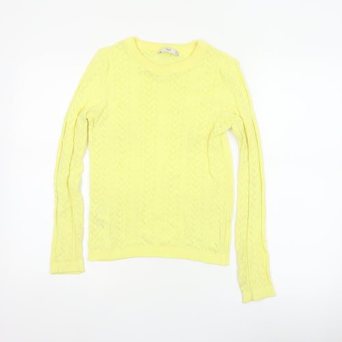 Mango MNG Women Yellow S Pointelle Knit Crew Neck Pullover Jumper