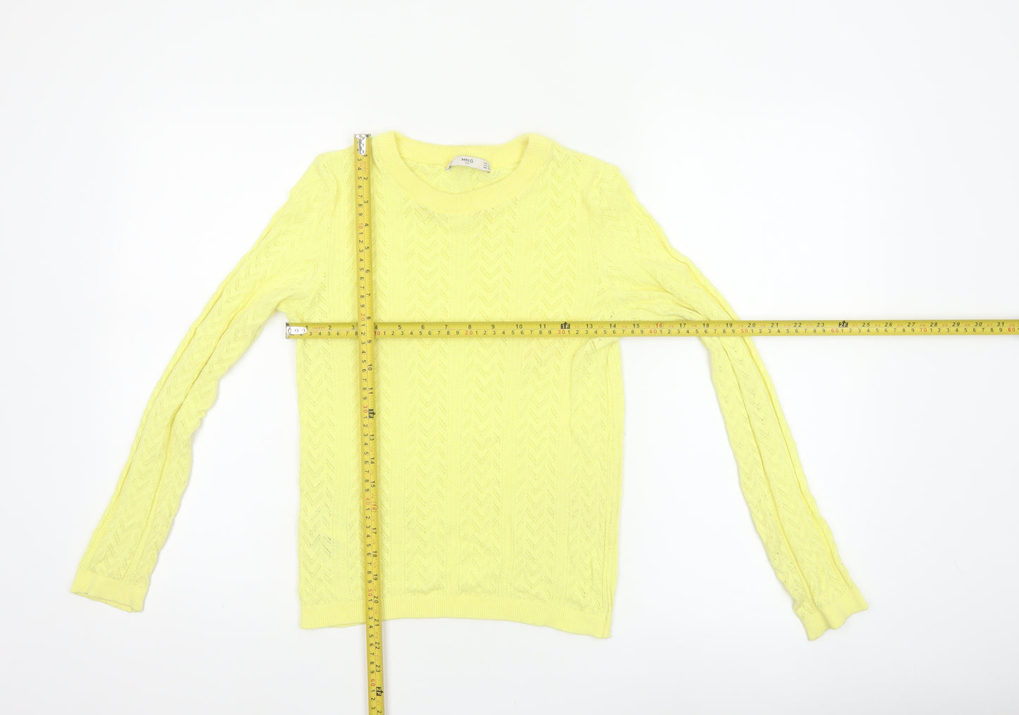 Mango MNG Women Yellow S Pointelle Knit Crew Neck Pullover Jumper
