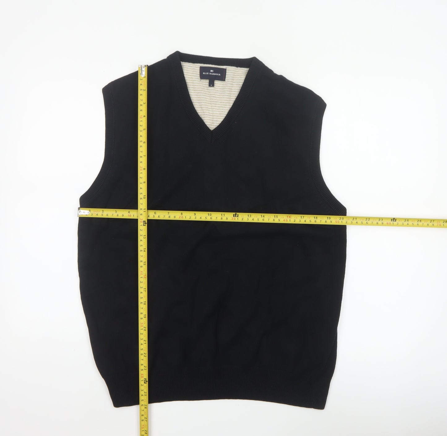 Blue Harbour Mens Black L V-Neck Cotton Knit Sleeveless Jumper Vest