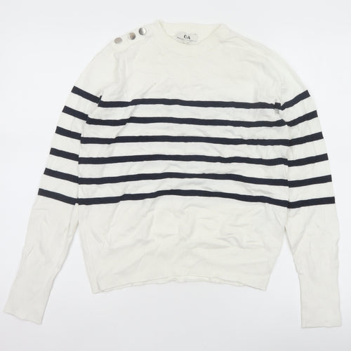 C&A Women White XS Striped Crew Neck Button Knit Pullover Jumper