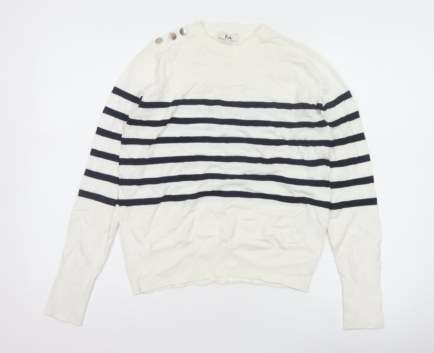 C&A Women White XS Striped Crew Neck Button Knit Pullover Jumper