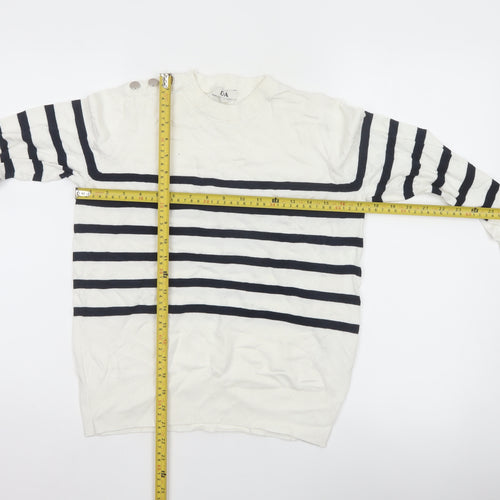 C&A Women White XS Striped Crew Neck Button Knit Pullover Jumper