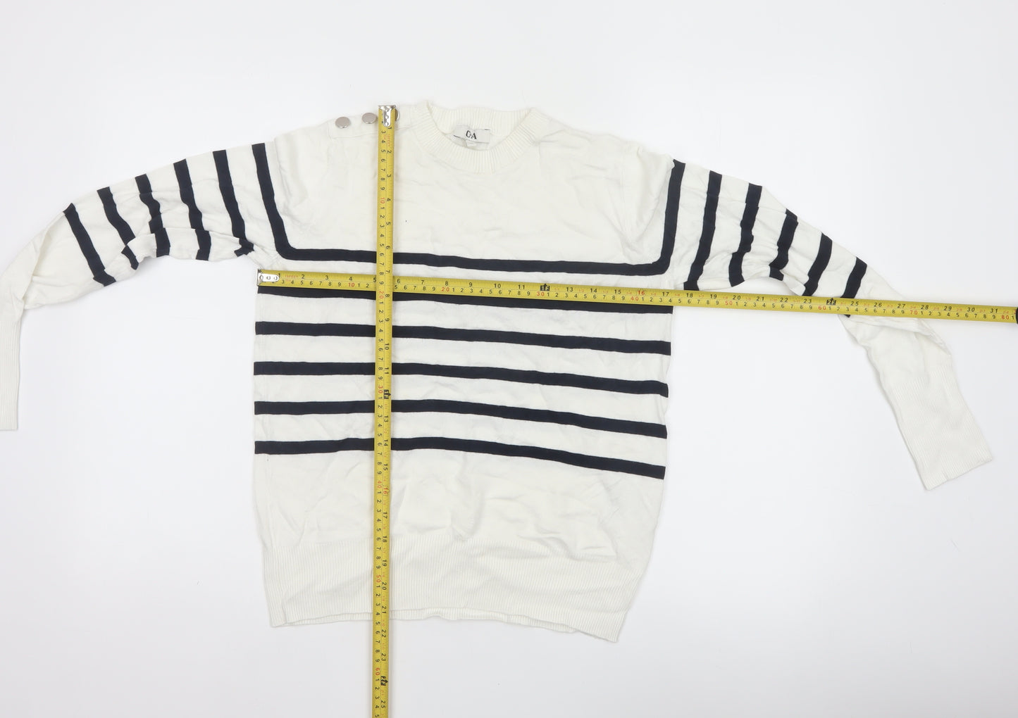 C&A Women White XS Striped Crew Neck Button Knit Pullover Jumper