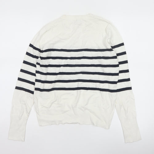 C&A Women White XS Striped Crew Neck Button Knit Pullover Jumper