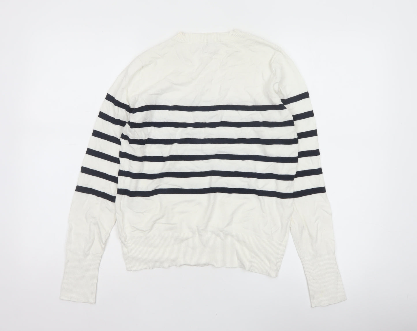 C&A Women White XS Striped Crew Neck Button Knit Pullover Jumper