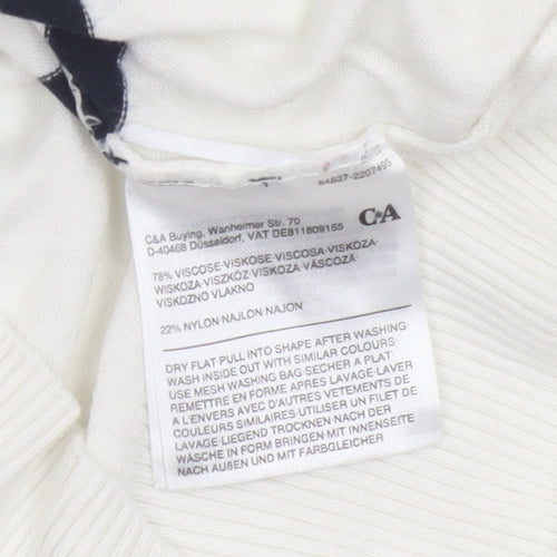 C&A Women White XS Striped Crew Neck Button Knit Pullover Jumper