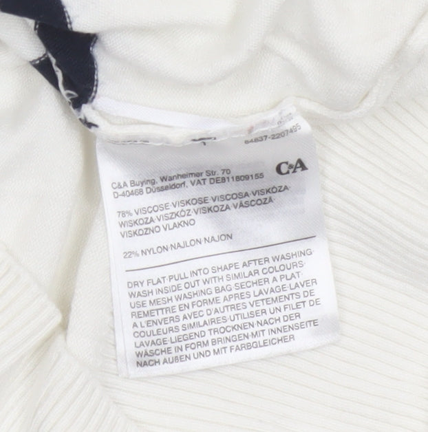 C&A Women White XS Striped Crew Neck Button Knit Pullover Jumper