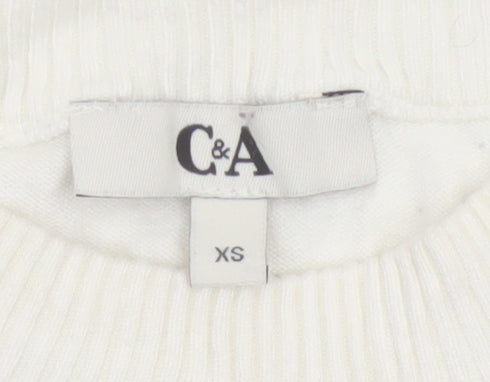 C&A Women White XS Striped Crew Neck Button Knit Pullover Jumper