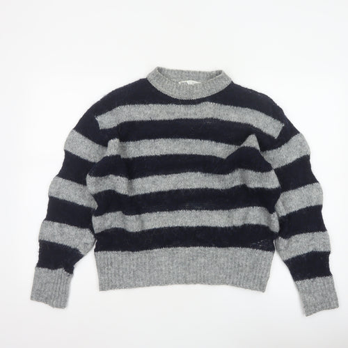 Zara Women Grey Black Striped Knit Pullover Jumper Size S Wool Blend