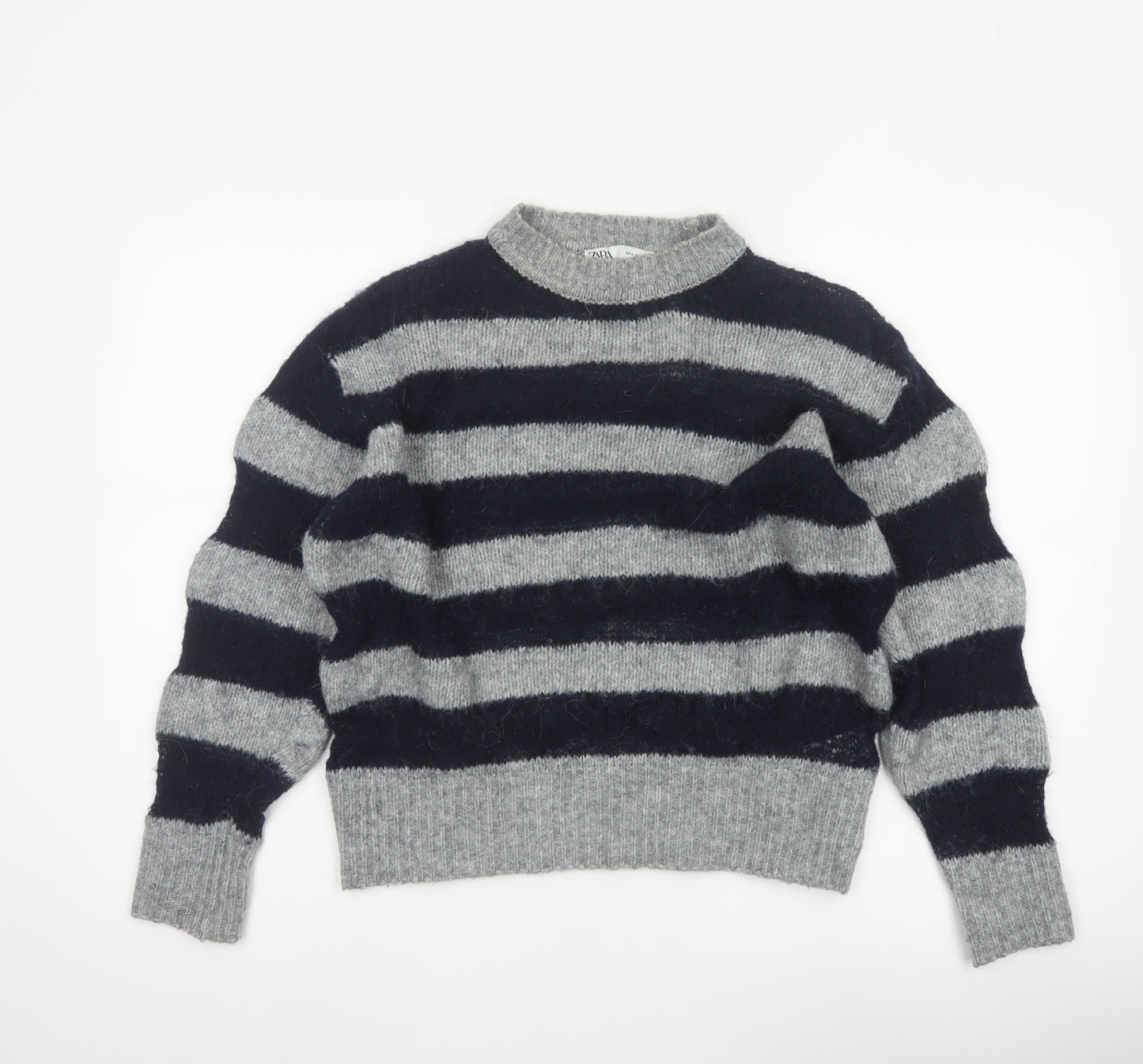 Zara Women Grey Black Striped Knit Pullover Jumper Size S Wool Blend