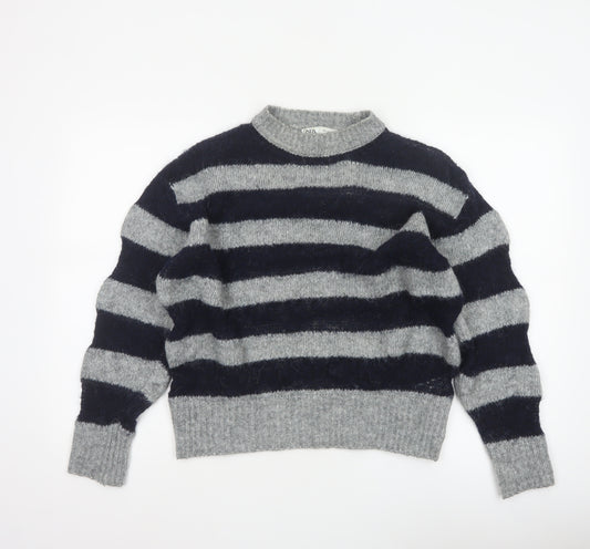 Zara Women Grey Black Striped Knit Pullover Jumper Size S Wool Blend
