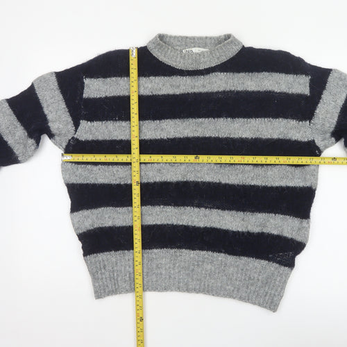 Zara Women Grey Black Striped Knit Pullover Jumper Size S Wool Blend