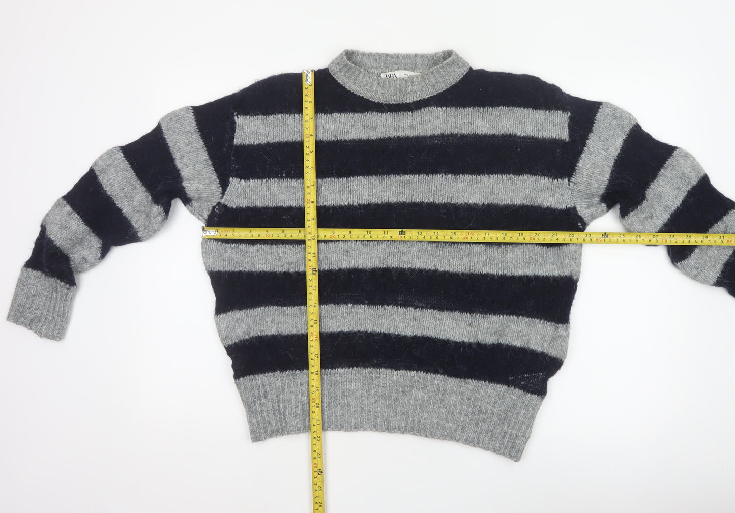 Zara Women Grey Black Striped Knit Pullover Jumper Size S Wool Blend