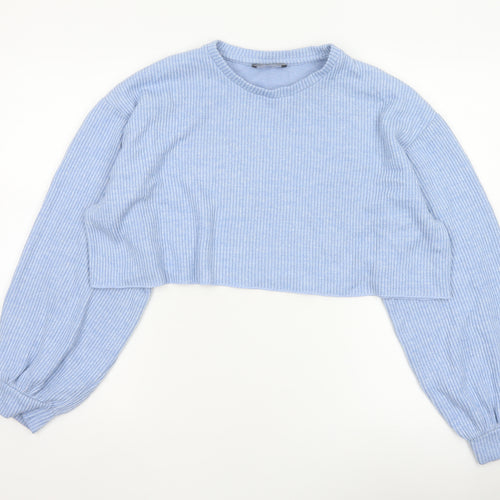Bershka Women Blue UK 14 Cropped Rib Knit Balloon Sleeve T-Shirt