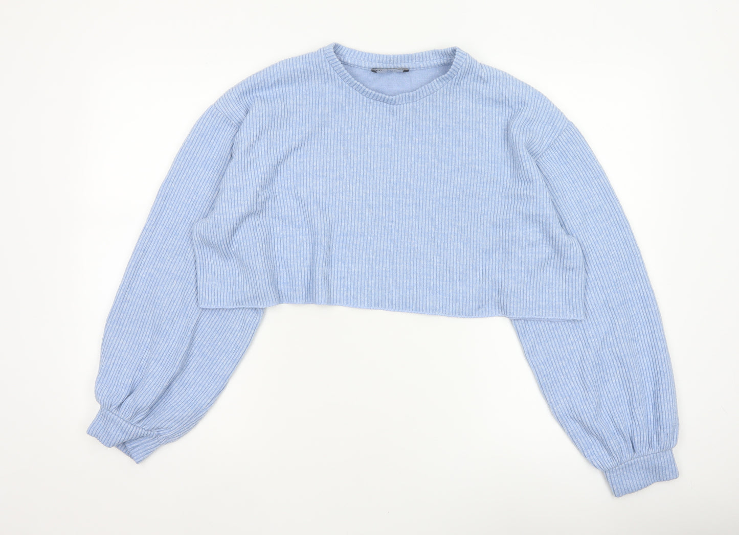 Bershka Women Blue UK 14 Cropped Rib Knit Balloon Sleeve T-Shirt