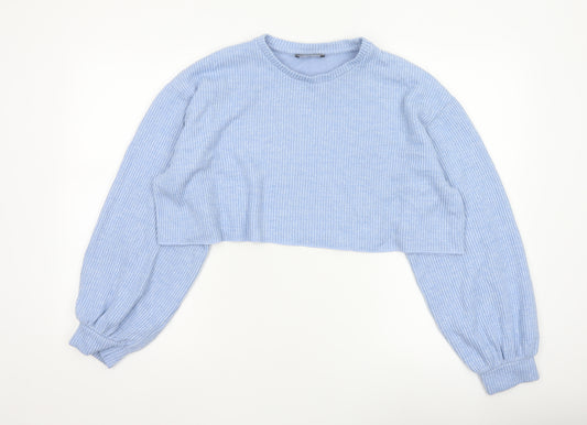 Bershka Women Blue UK 14 Cropped Rib Knit Balloon Sleeve T-Shirt