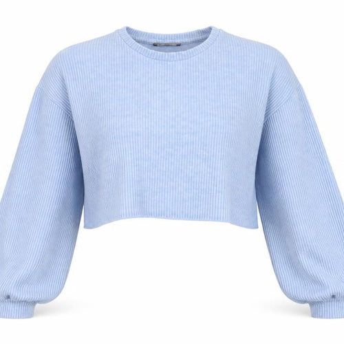 Bershka Women Blue UK 14 Cropped Rib Knit Balloon Sleeve T-Shirt