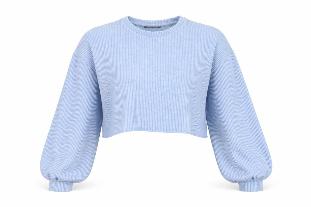 Bershka Women Blue UK 14 Cropped Rib Knit Balloon Sleeve T-Shirt