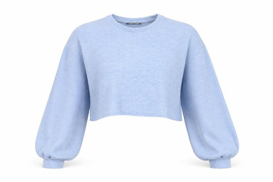 Front view of Bershka Women Blue UK 14 Cropped Rib Knit Balloon Sleeve T-Shirt