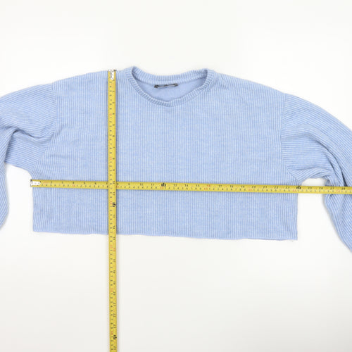 Bershka Women Blue UK 14 Cropped Rib Knit Balloon Sleeve T-Shirt