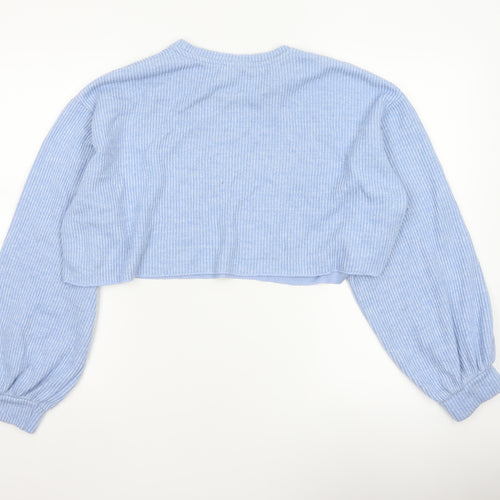 Bershka Women Blue UK 14 Cropped Rib Knit Balloon Sleeve T-Shirt
