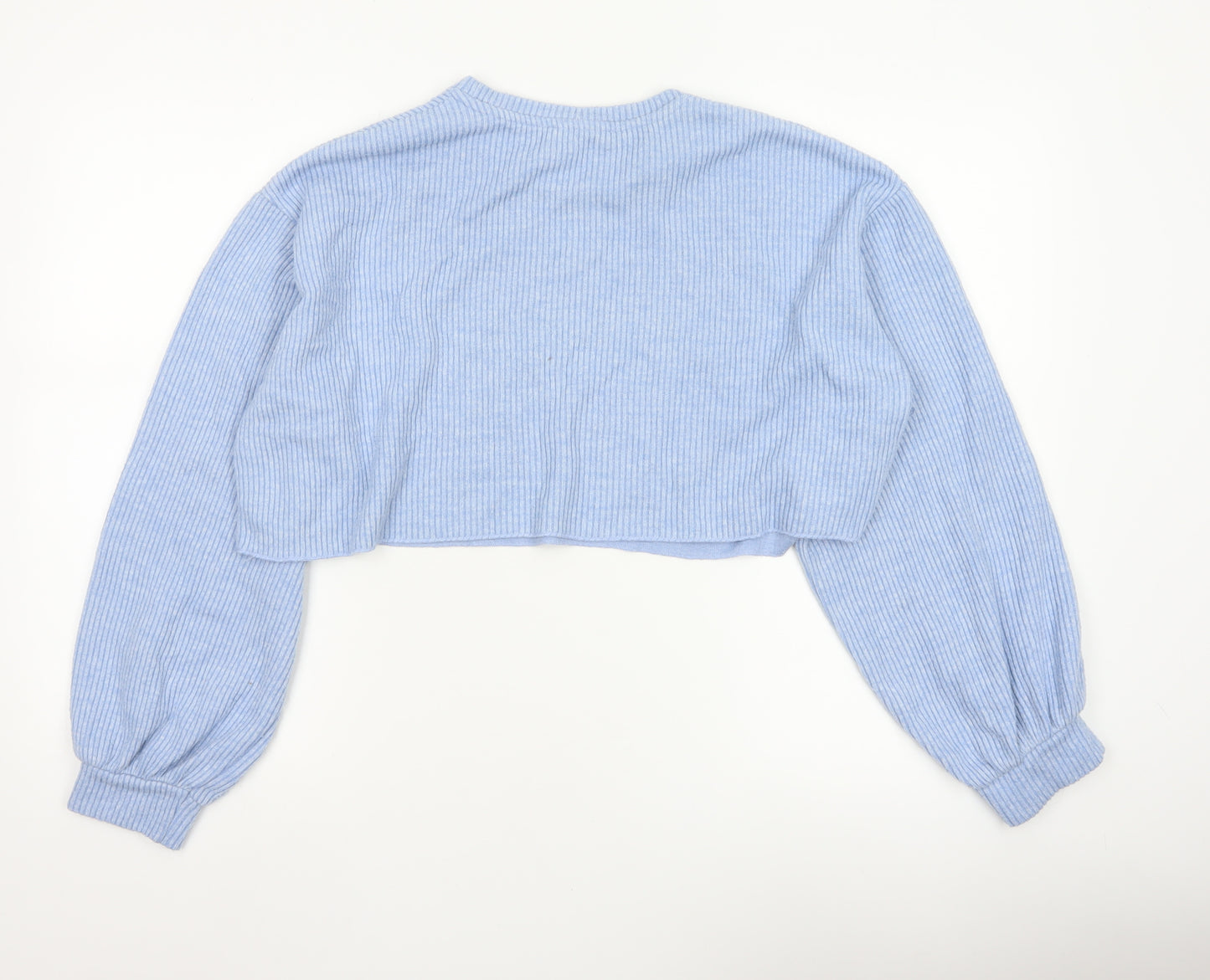 Bershka Women Blue UK 14 Cropped Rib Knit Balloon Sleeve T-Shirt