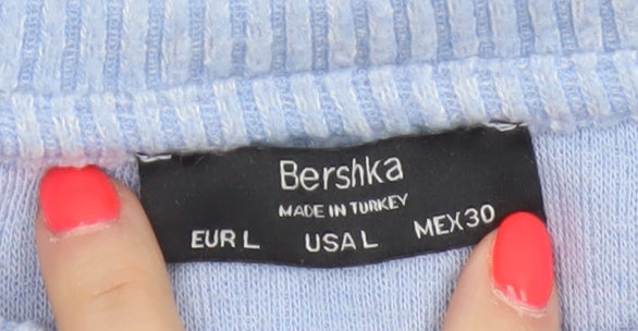 Bershka Women Blue UK 14 Cropped Rib Knit Balloon Sleeve T-Shirt