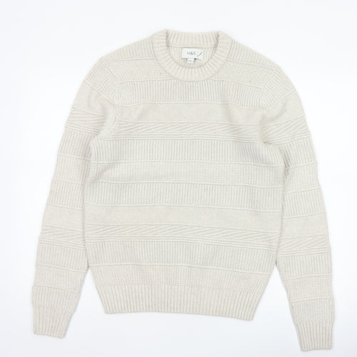 Marks and Spencer Men Ivory S Chunky Knit Striped Crew Neck Jumper