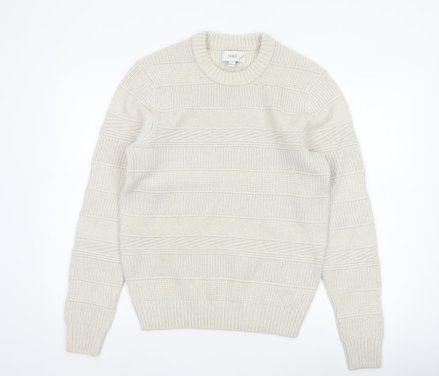 Marks and Spencer Men Ivory S Chunky Knit Striped Crew Neck Jumper