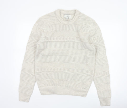 Marks and Spencer Men Ivory S Chunky Knit Striped Crew Neck Jumper