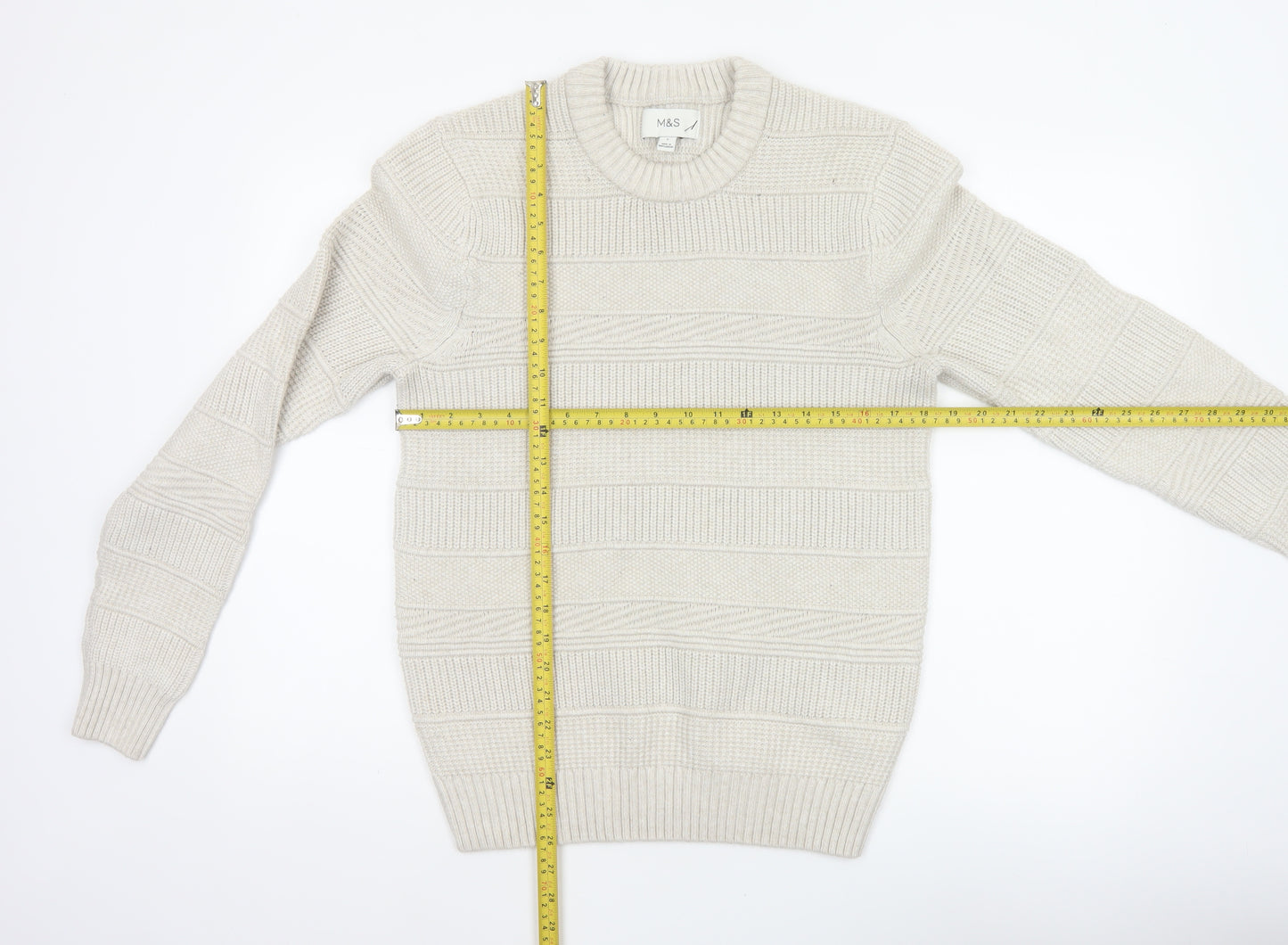 Marks and Spencer Men Ivory S Chunky Knit Striped Crew Neck Jumper