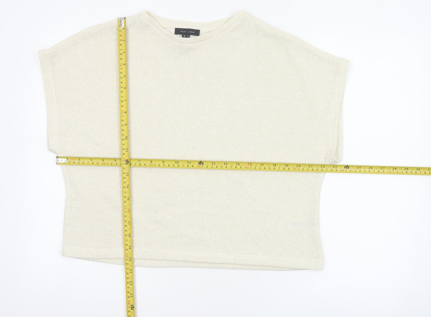 New Look Women Ivory Glitter Knit Cap Sleeve T-Shirt Size S