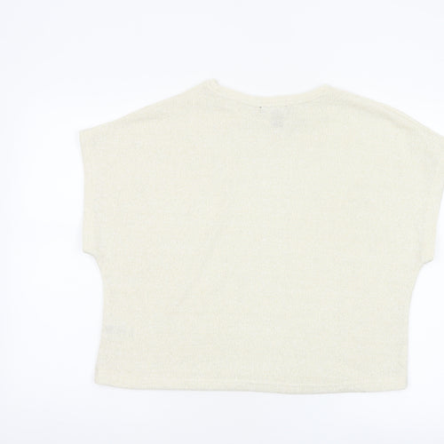 New Look Women Ivory Glitter Knit Cap Sleeve T-Shirt Size S