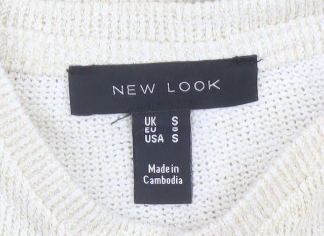 New Look Women Ivory Glitter Knit Cap Sleeve T-Shirt Size S