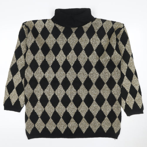 Silvercrest Women’s Black Gold Argyle Roll Neck Knit Jumper L